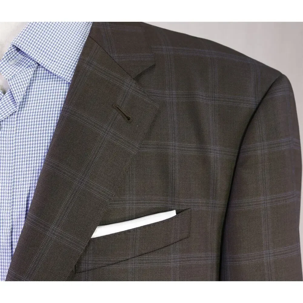 Armani Collezioni Brown w/ Sky Blue Windowpane Wool 2-Btn Sportcoat Blazer 44L